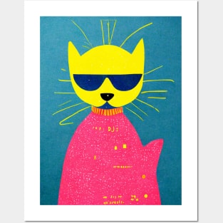 Hangover Mood Cat Retro Poster Vintage Art Cat Wall Turquoise Pink Illustration Posters and Art